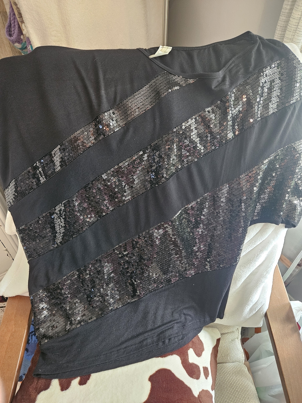 Women's Black Short Sleeve Sequin Stripe Tee